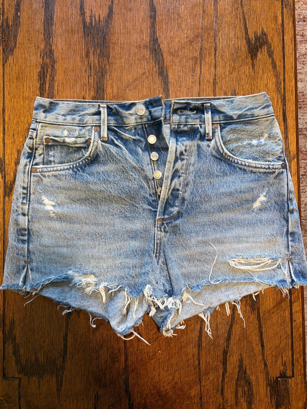 Agolde Blue Distressed Denim Button-Front Shorts